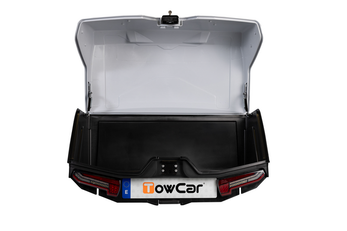 Coffre à bagages Towbox Alpha gris classique - monté sur attelage