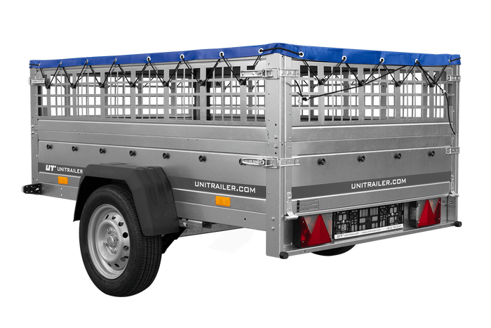 Remorque porte-voitures sur ressorts 200x125 UNITRAILER GARDEN 201/R KIPP avec côtés en filet, châssis H-0 et bâche bleue