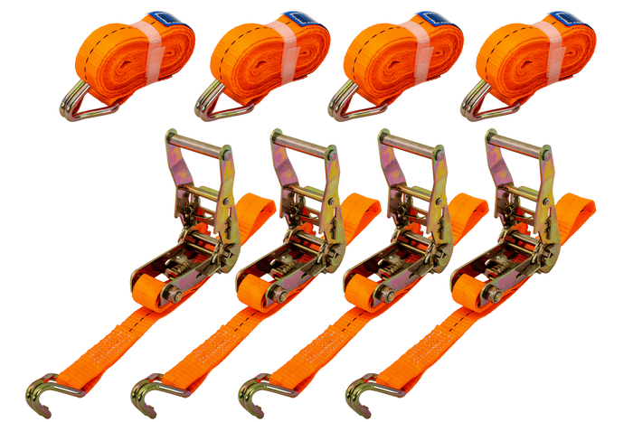 Ensemble de quatre courroies de transport UNITRAILER orange 4 m/25 mm/1 t avec tendeur