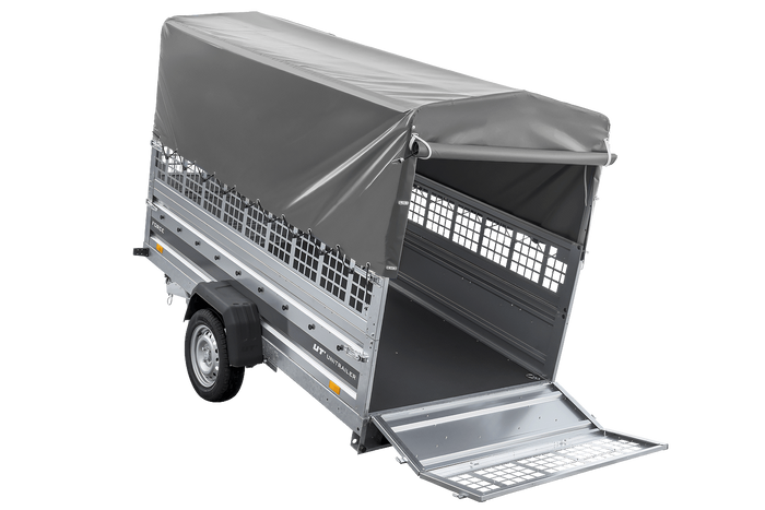 Remorque porte-voitures sur ressorts 264x125 UNITRAILER FORCE 264/R KIPP avec côtés en filet, châssis H-800 et bâche grise