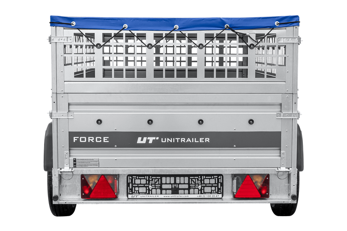 Remorque légère sur ressorts 230x125 UNITRAILER FORCE 230/R KIPP avec côtés en filet, châssis H-0 et bâche bleue