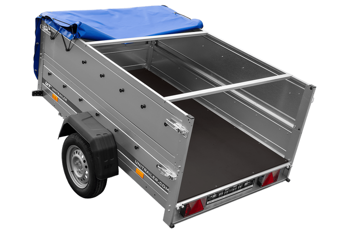 Remorque voiture 200x125 UNITRAILER GARDEN 201 KIPP avec ridelles supplémentaires et bâche bleue