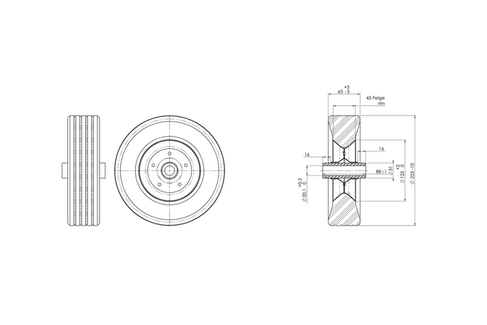 Roue de secours pour WINTERHOFF 255SB, roue jockey en caoutchouc plein 225x70 mm