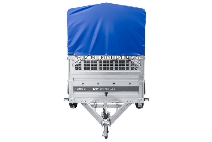 Remorque à un essieu 230x125 UNITRAILER FORCE 230 KIPP avec côtés grillagés, châssis H-0 et bâche bleue