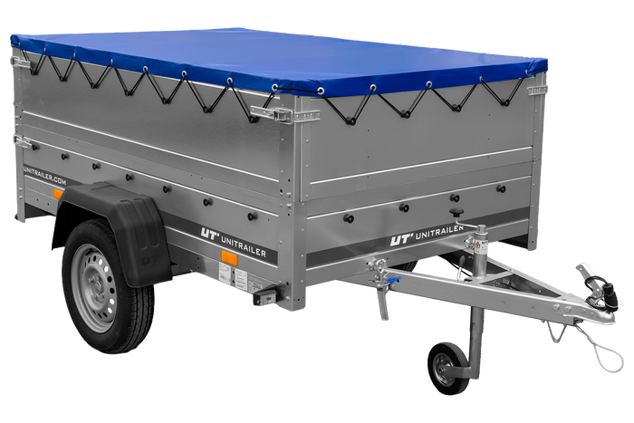 Remorque voiture 200x125 UNITRAILER GARDEN 201 KIPP avec ridelles supplémentaires et bâche bleue