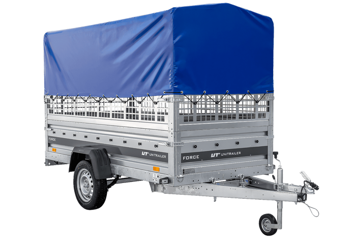 Remorque porte-voitures sur ressorts 264x125 UNITRAILER FORCE 264/R KIPP avec côtés en filet, châssis H-800 et bâche bleue