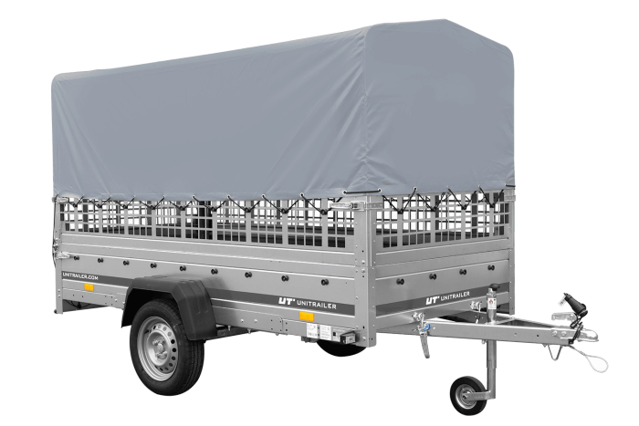 Remorque porte-voitures sur ressorts 264x125 UNITRAILER GARDEN 264/R KIPP avec côtés en filet, châssis H-800 et bâche grise
