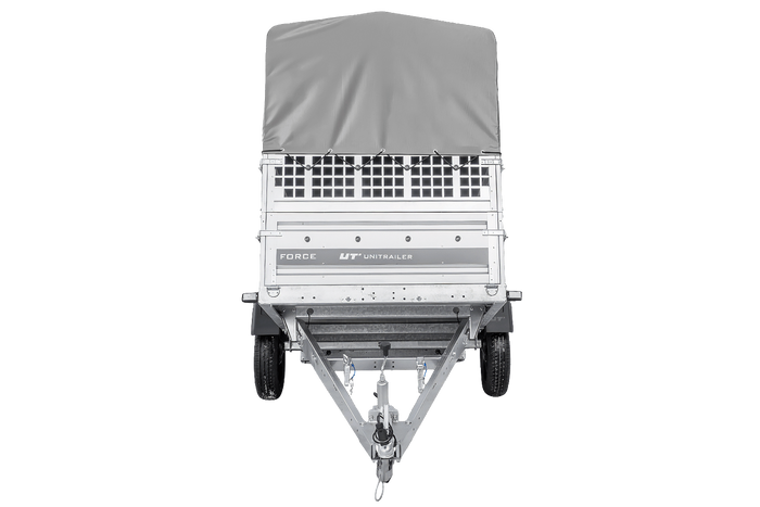 Remorque à un essieu 230x125 UNITRAILER FORCE 230 KIPP avec ridelles grillagées, châssis H-800 et bâche grise