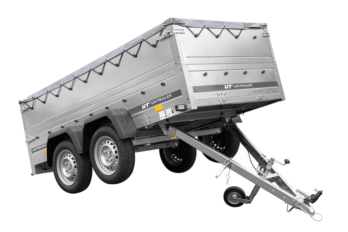 GARDEN TRAILER 264/2 KIPP remorque à deux essieux avec roue jockey, châssis H-0, ridelles BIS et bâche plate grise