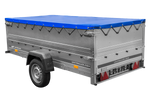 Remorque simple essieu Unitrailer GARDEN TRAILER 264 KIPP avec rehausses de ridelles et bâche plate bleue