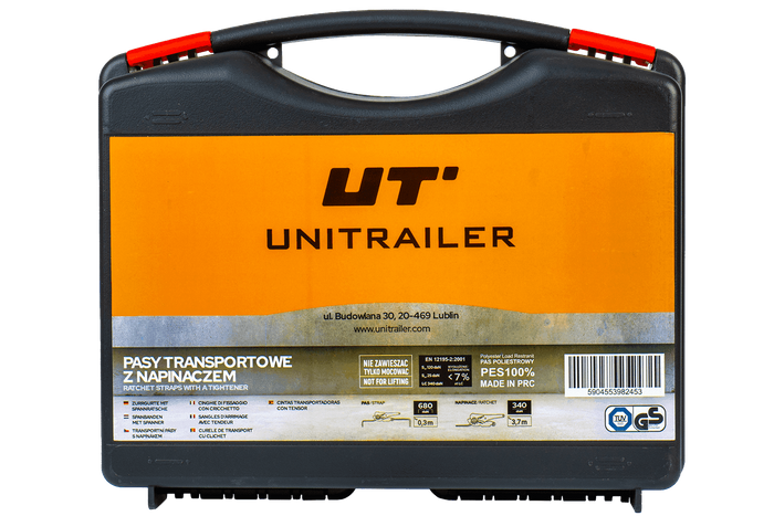 Ensemble de quatre sangles de transport UNITRAILER orange de 4 m/25 mm/0,68 t avec tendeur, dans une valise