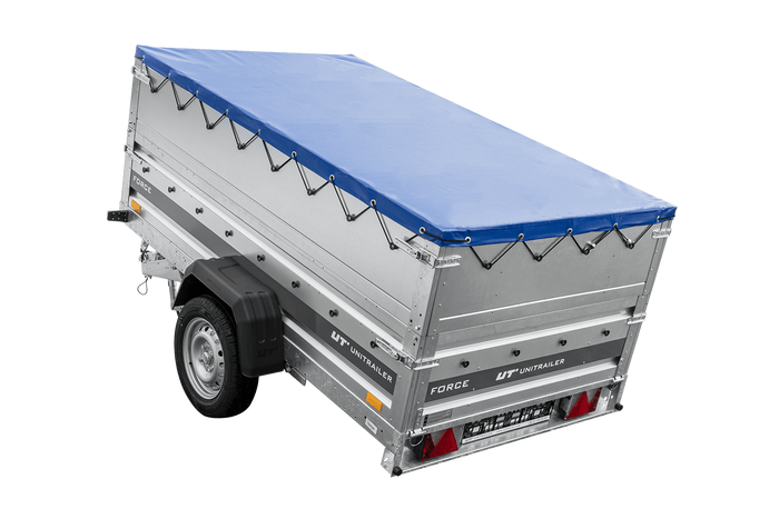 Remorque porte-voitures sur ressorts 230x125 UNITRAILER FORCE 230/R KIPP avec côtés BIS, châssis H-0 et bâche bleue