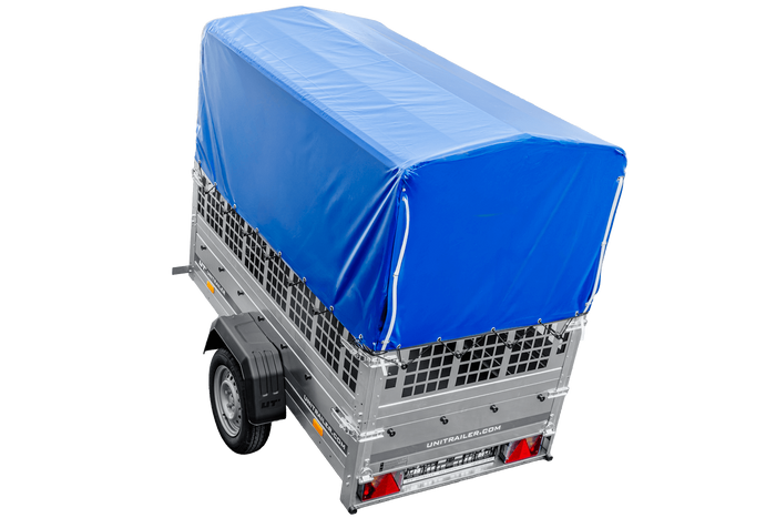 Remorque légère 200x106 UNITRAILER GARDEN 200 KIPP avec côtés en filet, châssis H-800 et bâche bleue