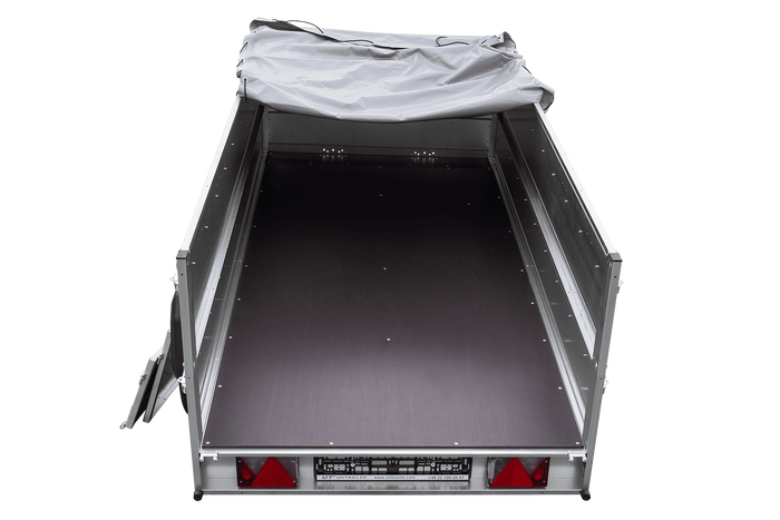 GARDEN TRAILER 264/2 KIPP remorque à deux essieux avec roue jockey, châssis H-0, ridelles BIS et bâche plate grise