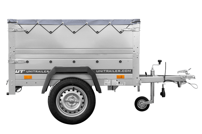 Remorque petite à vendre à benne basculante - Garden Trailer 150 KIPP [avec rehausses de ridelles et bâche plate grise]