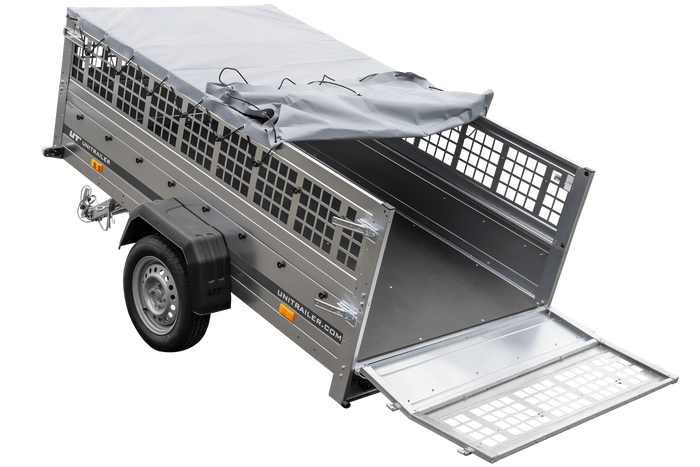 Remorque à un essieu 230x125 UNITRAILER GARDEN 230 KIPP avec côtés en filet, châssis H-0 et bâche grise