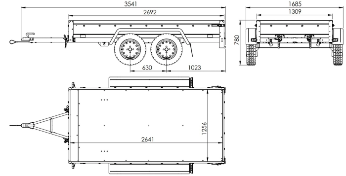 Remorque à deux essieux 264x125 UNITRAILER GARDEN TRAILER 264/2 KIPP avec châssis H-1100 et bâche bleue