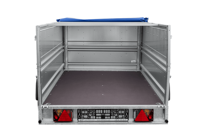 Remorque porte-voitures sur ressorts 230x125 UNITRAILER FORCE 230/R KIPP avec côtés BIS, châssis H-0 et bâche bleue