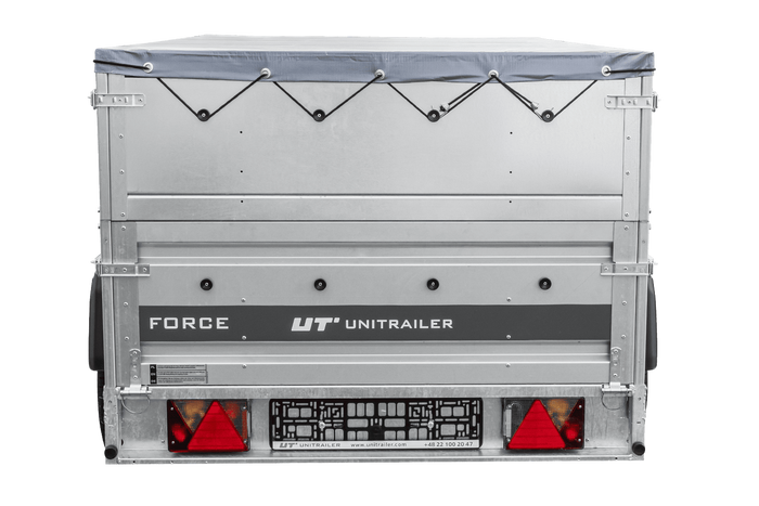 Remorque porte-voitures sur ressorts 230x125 UNITRAILER FORCE 230/R KIPP avec ridelles BIS, châssis H-0 et bâche grise