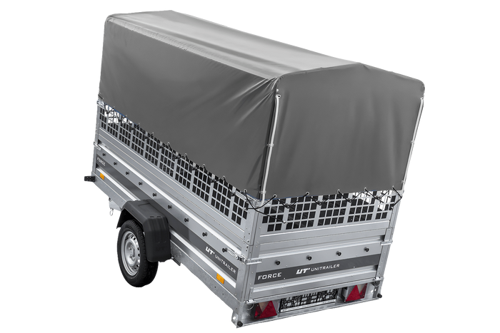 Remorque porte-voitures sur ressorts 264x125 UNITRAILER FORCE 264/R KIPP avec côtés en filet, châssis H-800 et bâche grise