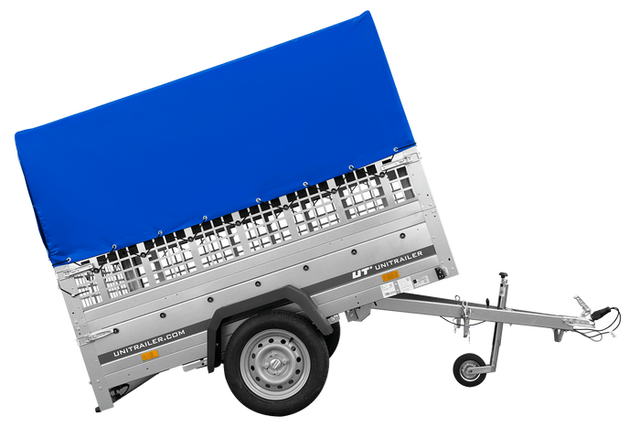Remorque à un essieu sur ressorts UNITRAILER GARDEN 201/R KIPP 200x125 avec côtés en filet, châssis H-800 et bâche bleue