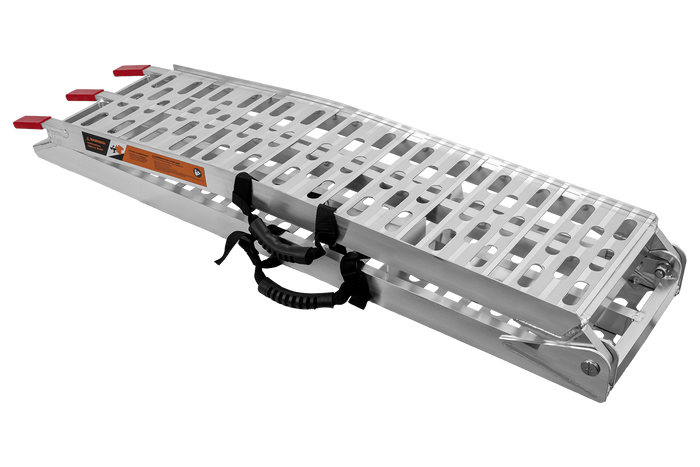 Rampe pliable UNITRAILER ALR003 en aluminium pour remorque, 221 cm, 340 kg, avec sangle et support.