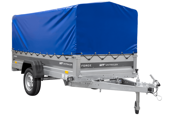 Remorque porte-voitures 264x125 UNITRAILER FORCE 264 KIPP avec châssis H-800 et bâche bleue