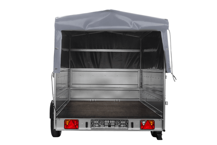 Remorque à un essieu sur ressorts UNITRAILER GARDEN 265/R KIPP 264x150 avec ridelles BIS, châssis H-800 et bâche grise