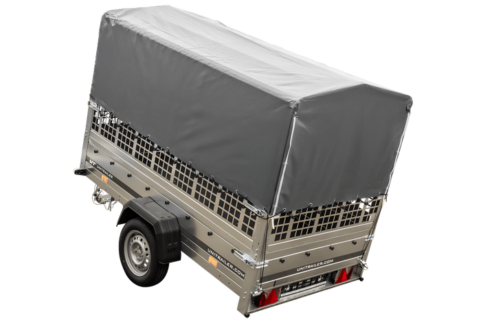 Remorque porte-voitures 230x125 UNITRAILER GARDEN 230 KIPP avec côtés en filet, châssis H-800 et bâche grise