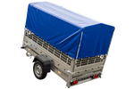 Remorque à un essieu 230x125 UNITRAILER GARDEN 230 KIPP avec côtés en filet, châssis H-800 et bâche bleue