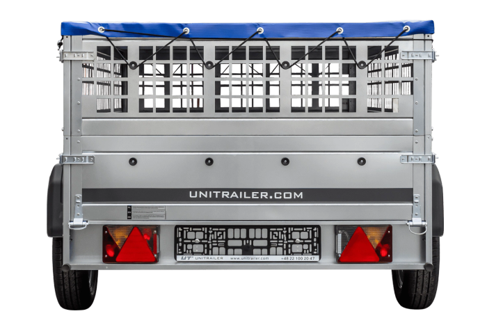 Remorque légère sur ressorts 230x125 UNITRAILER GARDEN 230/R KIPP avec ridelles grillagées, châssis H-0 et bâche bleue