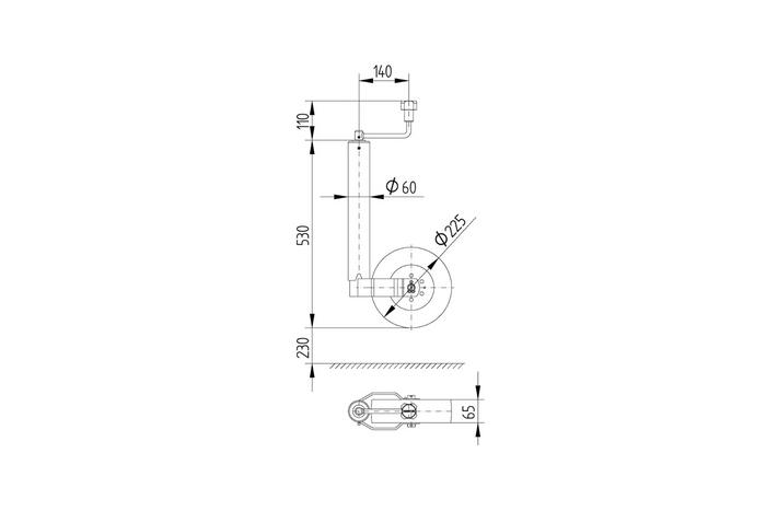 Roue jockey avec collier KNOTT TK60+KLE60, 250 kg, 60 mm, 530-760 mm