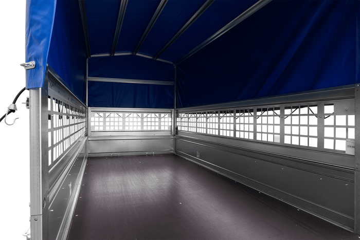 REMORQUE DE JARDIN 264 KIPP AVEC ROUE JOINTE, GLISSIÈRES GRILLÉES, CHÂSSIS H-800 ET COUVERCLE BLEU