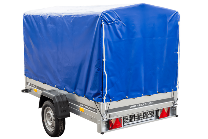 Remorque porte-voitures 230x125 UNITRAILER GARDEN 230 KIPP avec châssis H-1100 et bâche bleue