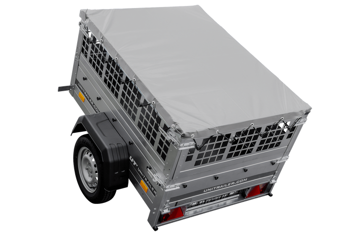 Remorque porte-voitures 150x106 UNITRAILER GARDEN 150 KIPP avec côtés en filet et bâche grise