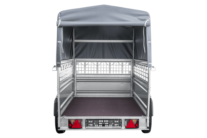 Remorque porte-voitures sur ressorts 230x125 UNITRAILER FORCE 230/R KIPP avec côtés en filet, châssis H-800 et bâche grise