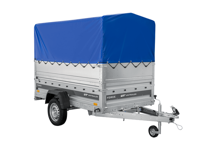 Remorque porte-voitures 230x125 UNITRAILER FORCE 230 KIPP avec ridelles BIS, châssis H-800 et bâche bleue