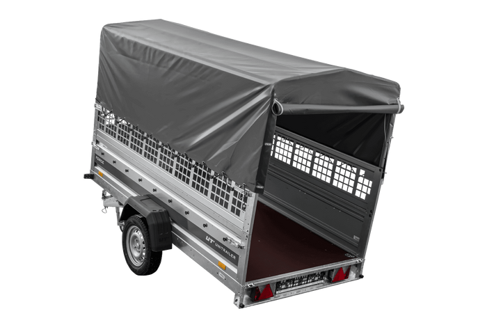 Remorque porte-voitures 264x125 UNITRAILER FORCE 264 KIPP avec côtés en filet, châssis H-800 et bâche grise