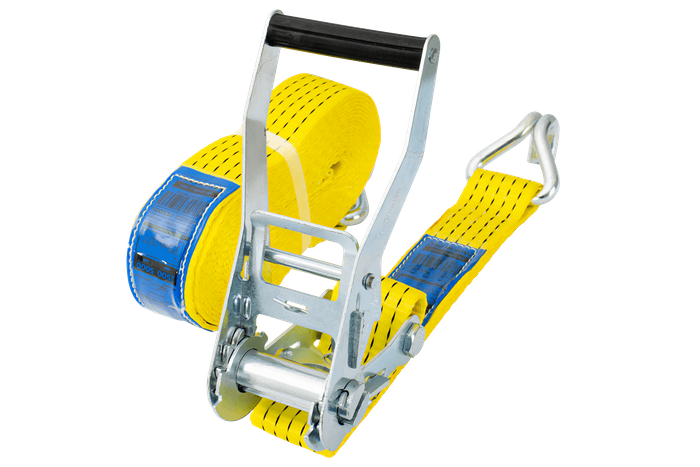 Ensemble de quatre courroies de transport jaunes UNITRAIER 8 m/50 mm/5 t avec tendeur