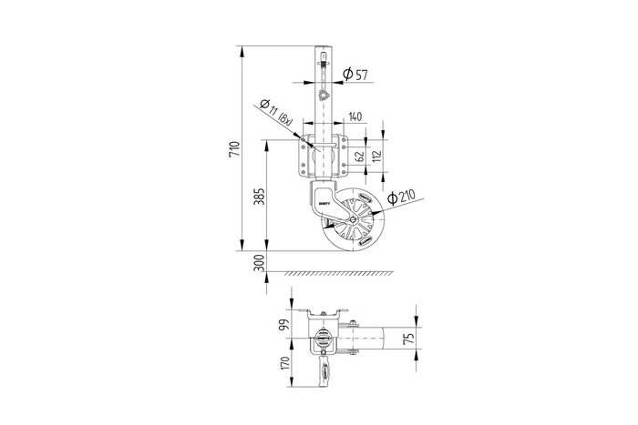 Roue jockey de support KNOTT TK57 avec poignée, 500 kg, 57 mm, 710-1010 mm