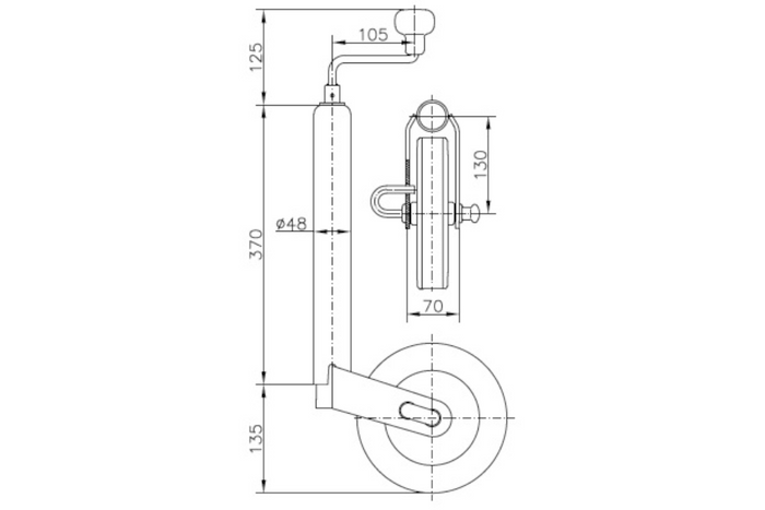 Roue jockey avec collier UNITRAILER 150 kg,48 mm, 505-730 mm