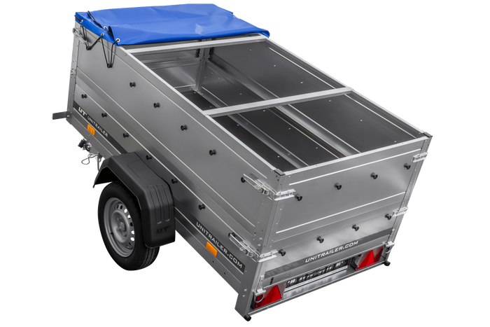 Remorque porte-voitures 200x106 UNITRAILER GARDEN 200 KIPP avec ridelles BIS, châssis H-0 et bâche bleue