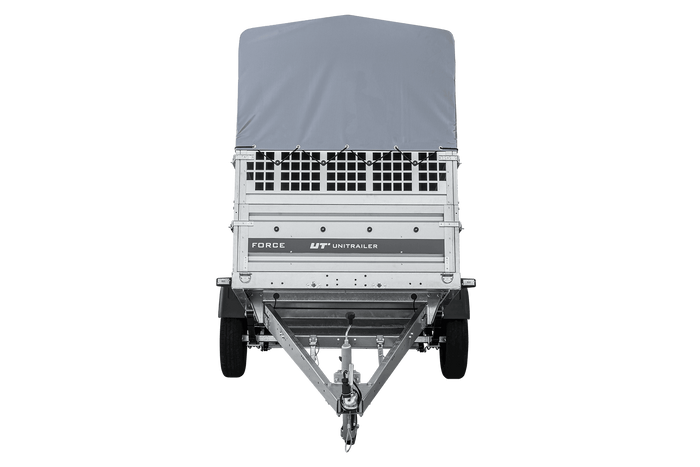 Remorque porte-voitures sur ressorts 230x125 UNITRAILER FORCE 230/R KIPP avec côtés en filet, châssis H-800 et bâche grise