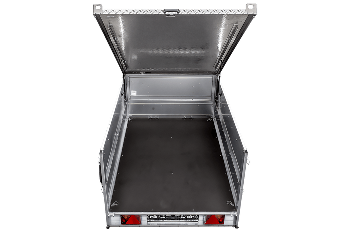 Remorque à un essieu sur ressorts 230x125 UNITRAILER GARDEN 230/R KIPP avec ridelles supplémentaires et capot en aluminium