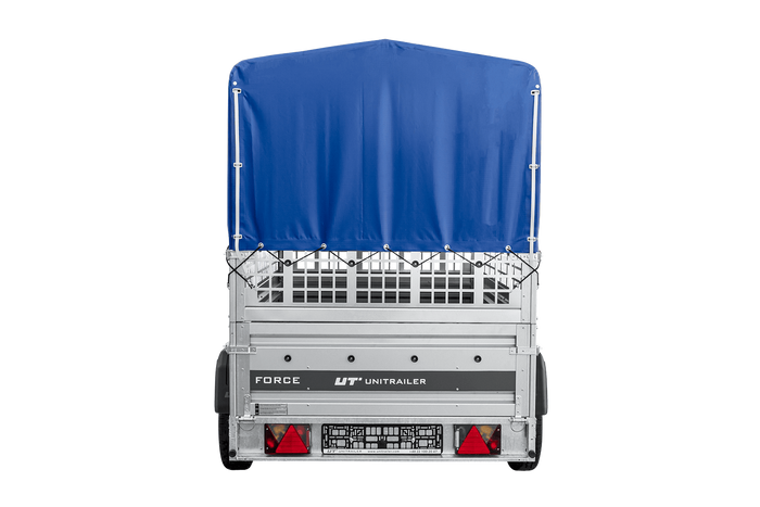 Remorque porte-voitures sur ressorts 230x125 UNITRAILER FORCE 230/R KIPP avec côtés en filet, châssis H-800 et bâche bleue