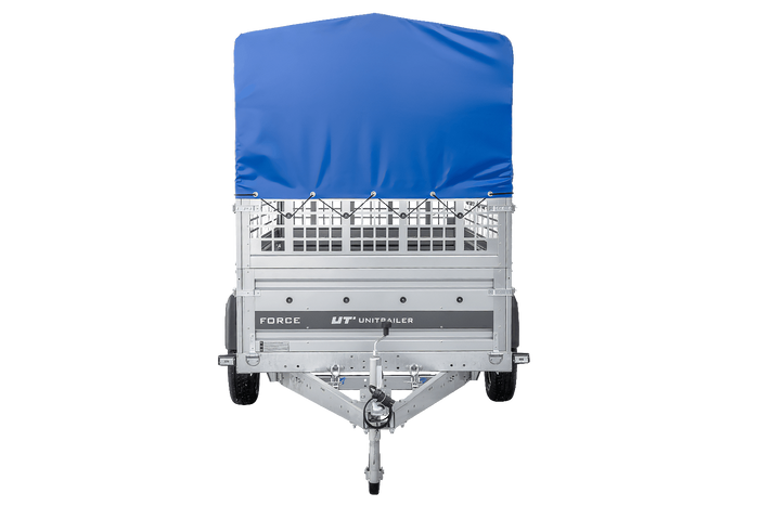 Remorque porte-voitures sur ressorts 264x125 UNITRAILER FORCE 264/R KIPP avec côtés en filet, châssis H-800 et bâche bleue