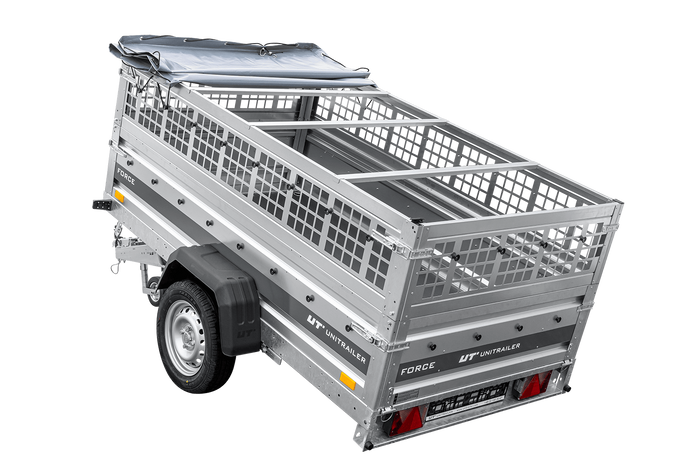 Remorque légère sur ressorts 230x125 UNITRAILER FORCE 230/R KIPP avec côtés en filet, châssis H-0 et bâche grise