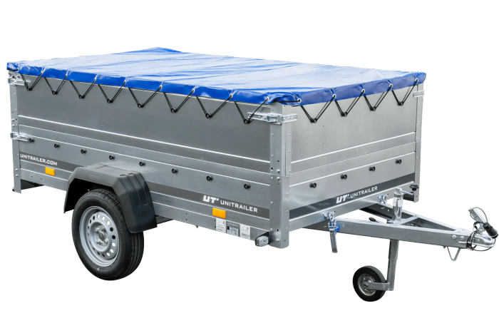 Remorque porte-voitures sur ressorts 230x125 UNITRAILER GARDEN 230/R KIPP avec côtés BIS, châssis H-0 et bâche bleue