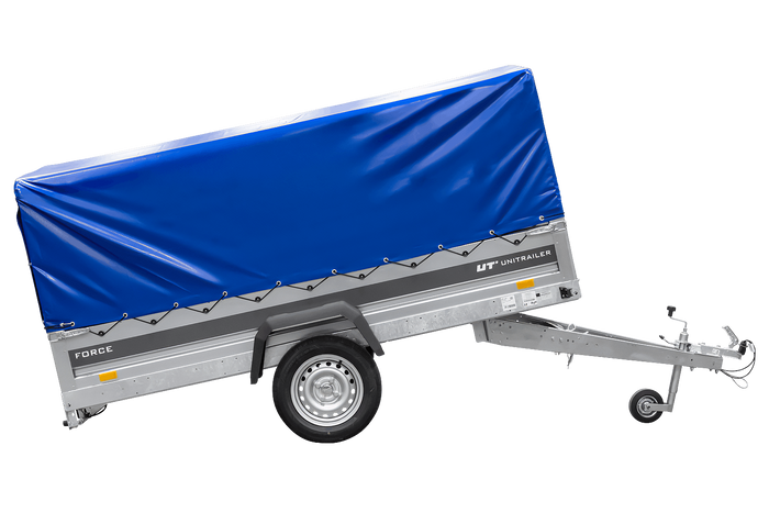 Remorque porte-voitures 264x125 UNITRAILER FORCE 264 KIPP avec châssis H-800 et bâche bleue