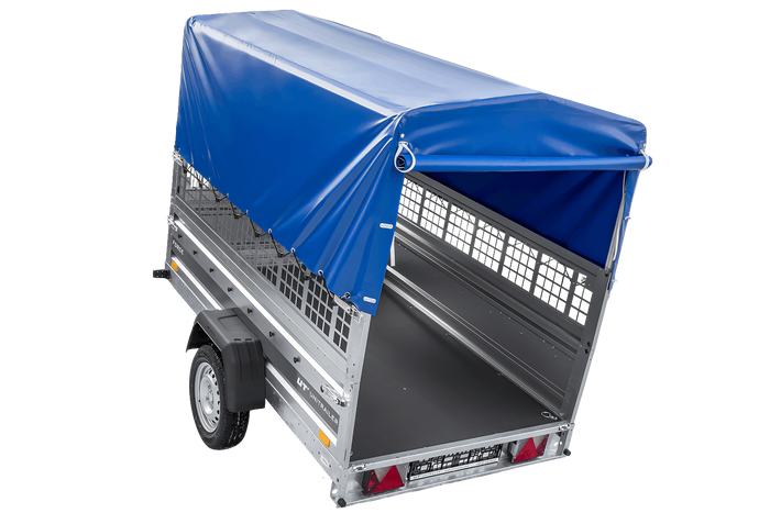 Remorque à un essieu 230x125 UNITRAILER FORCE 230 KIPP avec côtés grillagés, châssis H-0 et bâche bleue